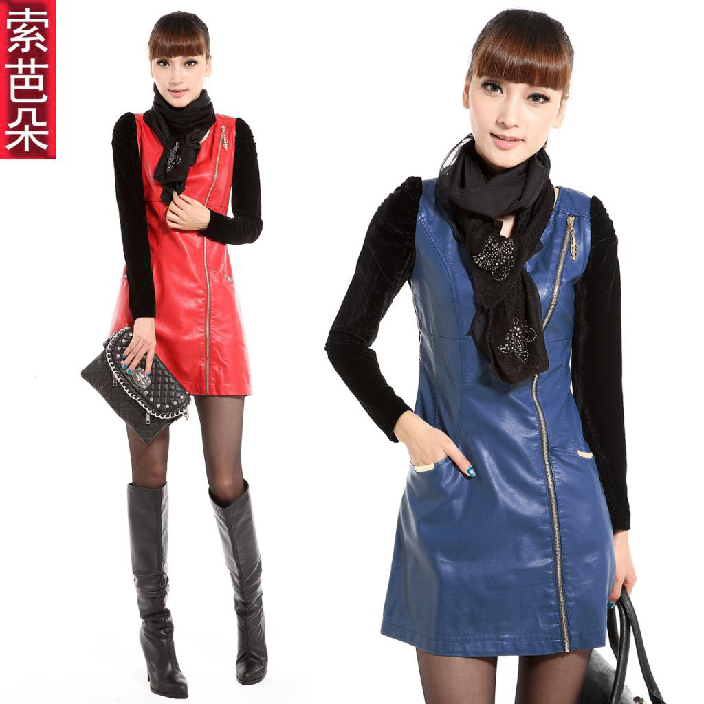 Autumn and winter women 2012 autumn new arrival fashion leather clothing PU skirt long-sleeve autumn and winter one-piece dress