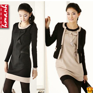 Autumn and winter women elegant woolen outerwear one-piece dress twinset set professional t12z