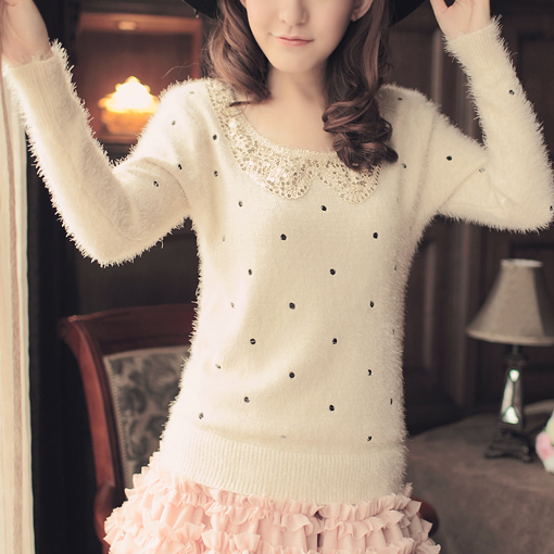 Autumn and winter women fashion cashmere sweater paillette dot sweet peter pan collar knitted basic sweater