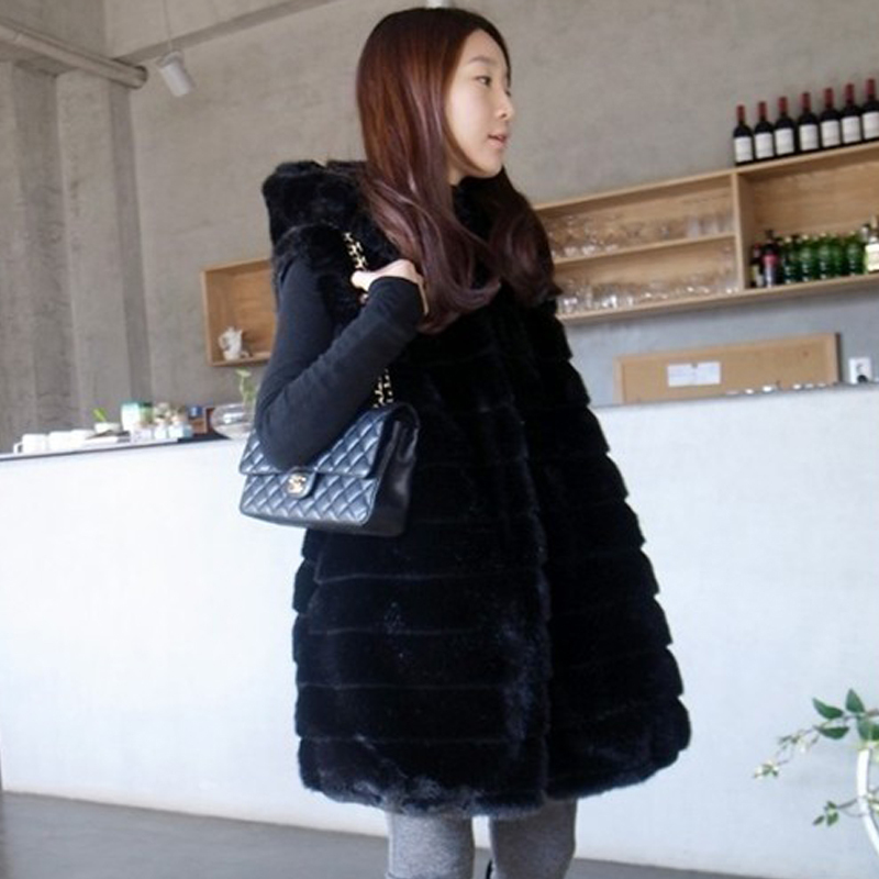 Autumn and winter women fashion with a hood slim waist medium-long vest wool fur coat