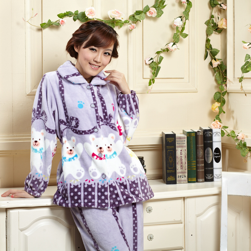 Autumn and winter Women flannel thickening coral fleece sleepwear lounge set