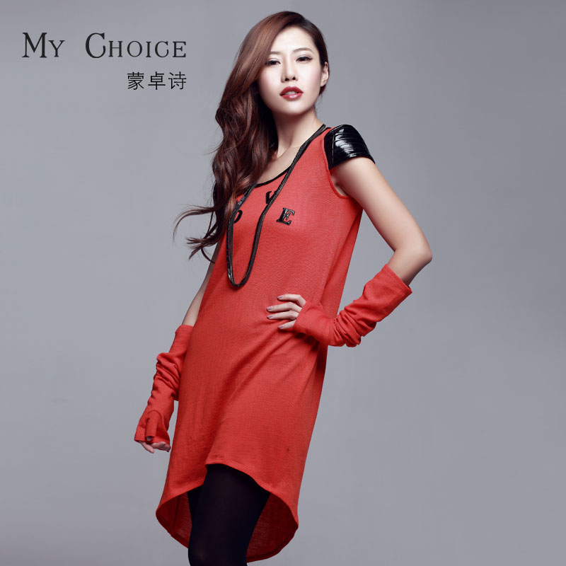 Autumn and winter women genuine sheep leather wool knitted basic vest sweater one-piece dress