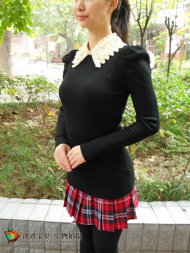 Autumn and winter women lace pearl peter pan collar turn-down collar thickening basic shirt long-sleeve medium-long slim hip