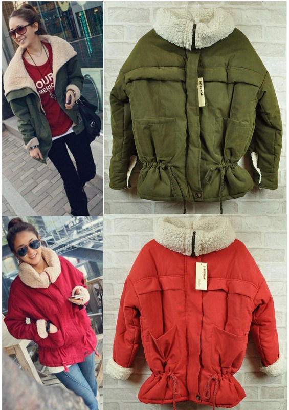 Autumn and winter women lamb's Army Green red cotton wadded jacket cotton-padded jacket