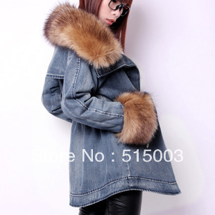 Autumn and winter women large fur collar denim berber fleece outerwear mink Women wadded jacket cotton-padded jacket overcoat