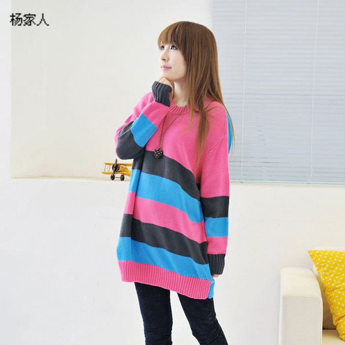 Autumn and winter women mm2013 loose slim hip basic sweater color stripe plus size sweater outerwear