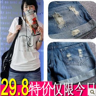 Autumn and winter women roll up hem roll-up hem denim shorts hole summer loose plus size mm trousers