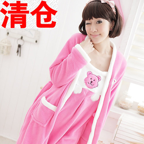 Autumn and winter women's bear thickening coral fleece sleepwear twinset robe