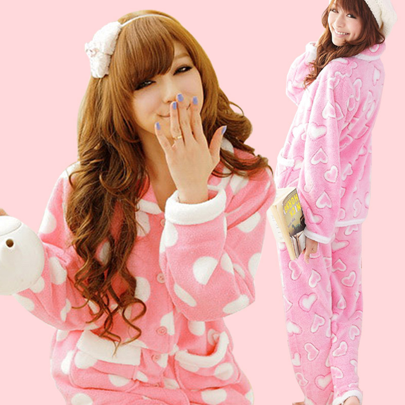 Autumn and winter women's cartoon coral fleece sleepwear female set winter sleepwear winter female lounge large dot