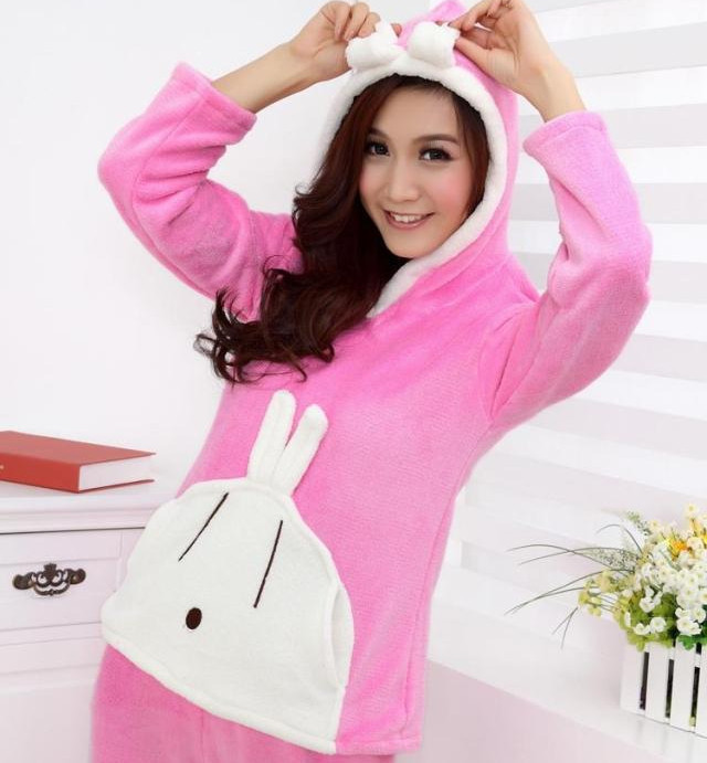 Autumn and winter women's cartoon rascal rabbit long-sleeve polar fleece fabric with a hood sleep set lounge