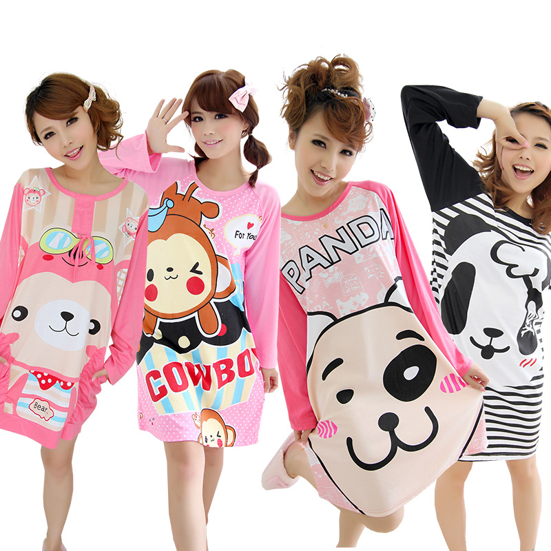 Autumn and winter women's cartoon small knitted cotton long-sleeve nightgown sleepwear lounge