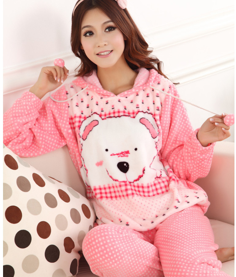 Autumn and winter women's cartoon thickening coral fleece sleep long-sleeve lounge set