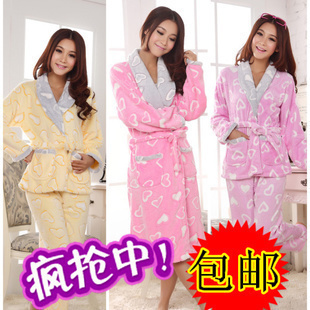 Autumn and winter women's casual heart bathrobe thickening long-sleeve coral fleece robe sleepwear lounge