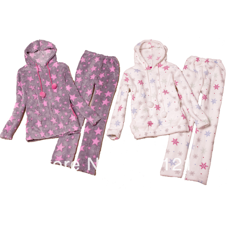 Autumn and winter women's coral fleece five-pointed star bulb with a hood sleepwear lounge set Women