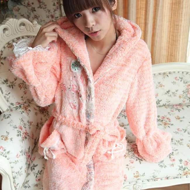 Autumn and winter women's coral fleece robe bathrobes big pocket with a hood sleepwear lounge 38116 female