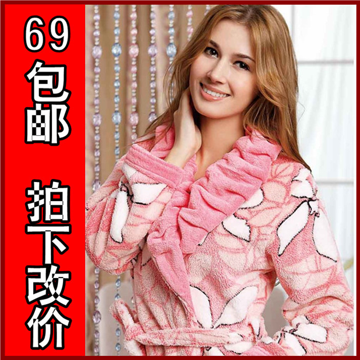 Autumn and winter women's coral fleece robe thermal sleepwear long-sleeve lounge set