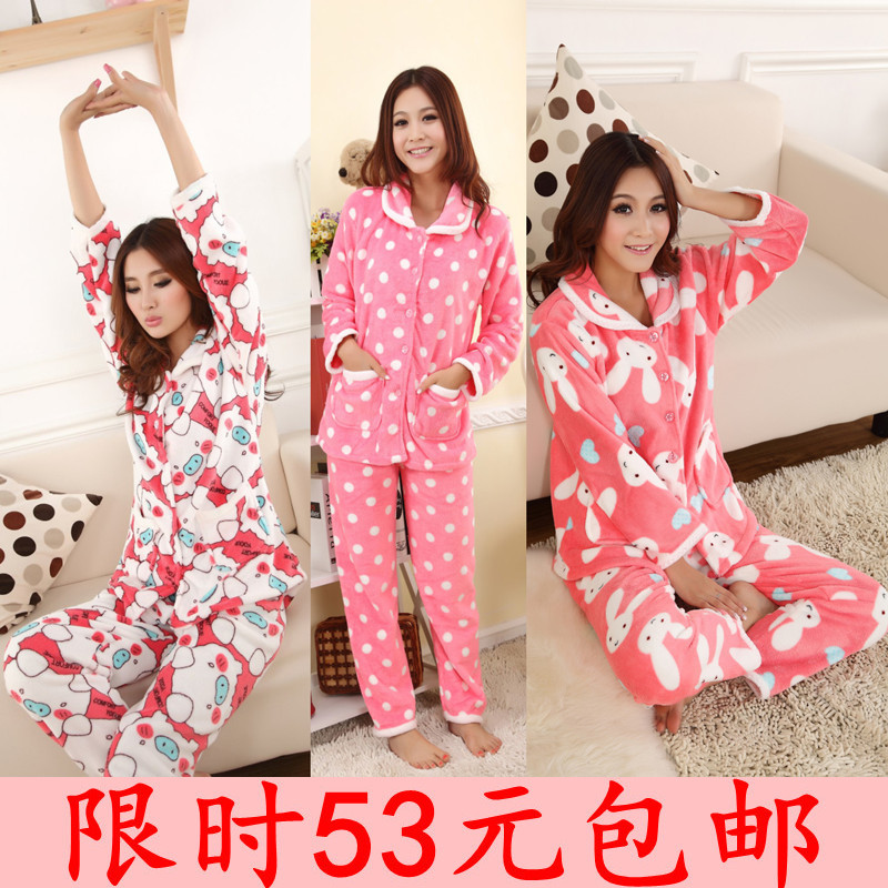 Autumn and winter women's coral fleece sleep set 100% cotton long-sleeve thickening lounge