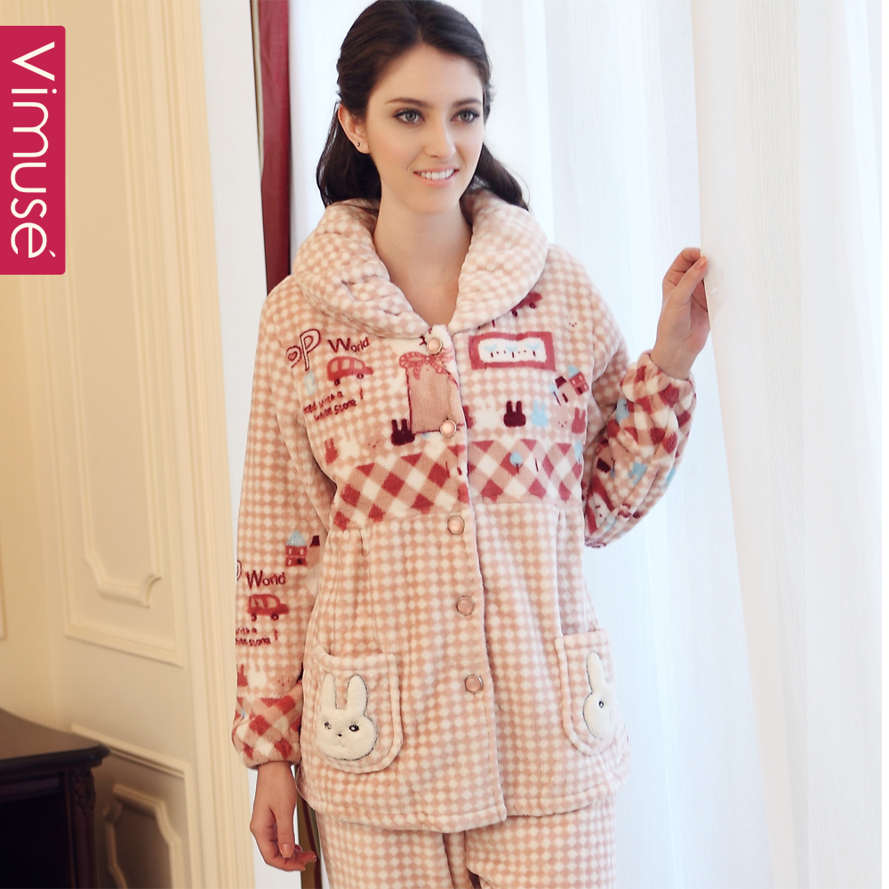 Autumn and winter women's coral fleece sleepwear female set thickening winter cartoon plus size long-sleeve at home service