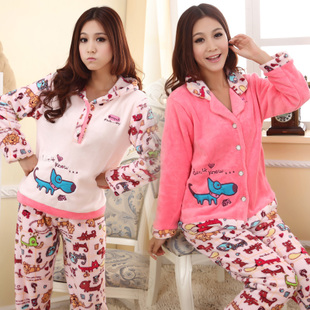 Autumn and winter women's coral fleece sleepwear female thickening set Women long-sleeve lounge