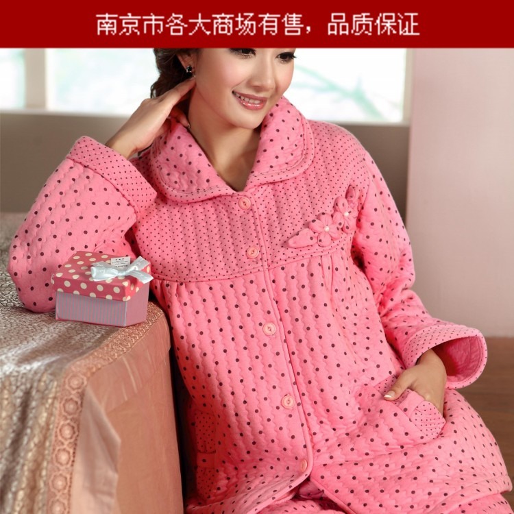 Autumn and winter women's double layer thickening polka dot 100% cotton sleepwear long-sleeve dot 100% cotton entresol lounge