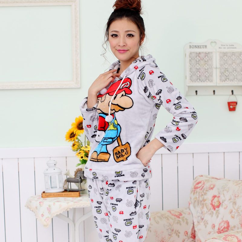 Autumn and winter women's flannel long-sleeve female sleep set with a hood cartoon sleepwear lounge Free delivery