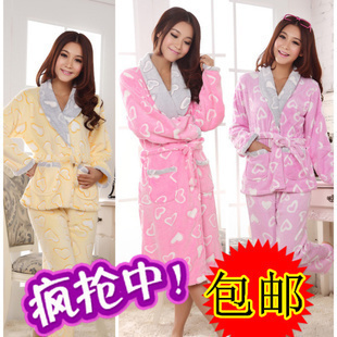 Autumn and winter women's heart bathrobe thickening long-sleeve coral fleece robe sleepwear lounge