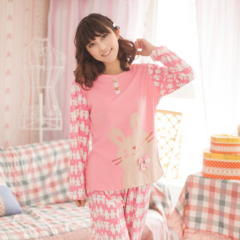 Autumn and winter women's long-sleeve cotton sleepwear rabbit cartoon sleepwear twinset lounge set