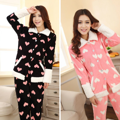 Autumn and winter women's love stripe lamb coral fleece sleep lounge set