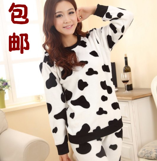 Autumn and winter women's princess red festive dairy cow thickening coral fleece sleep set lounge