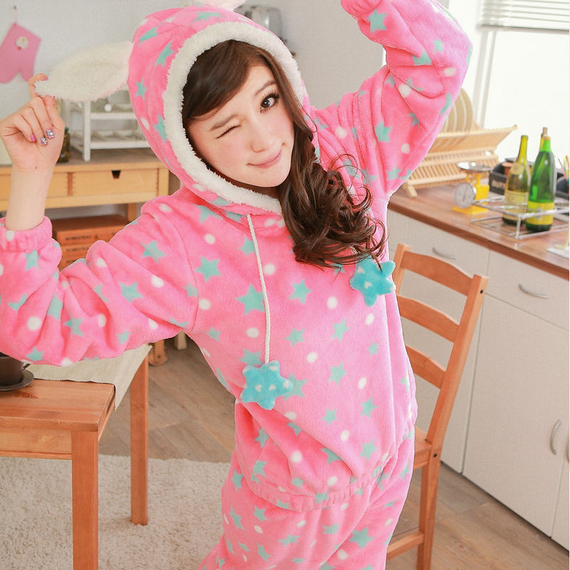 Autumn and winter women's rabbit with a hood thickening coral fleece flannel sleepwear female 100% cotton long-sleeve set