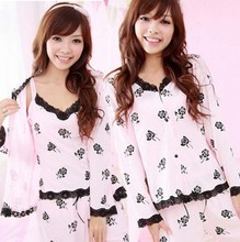 Autumn and winter women's sexy rose 100% short-sleeve cotton sleepwear three pieces set lounge