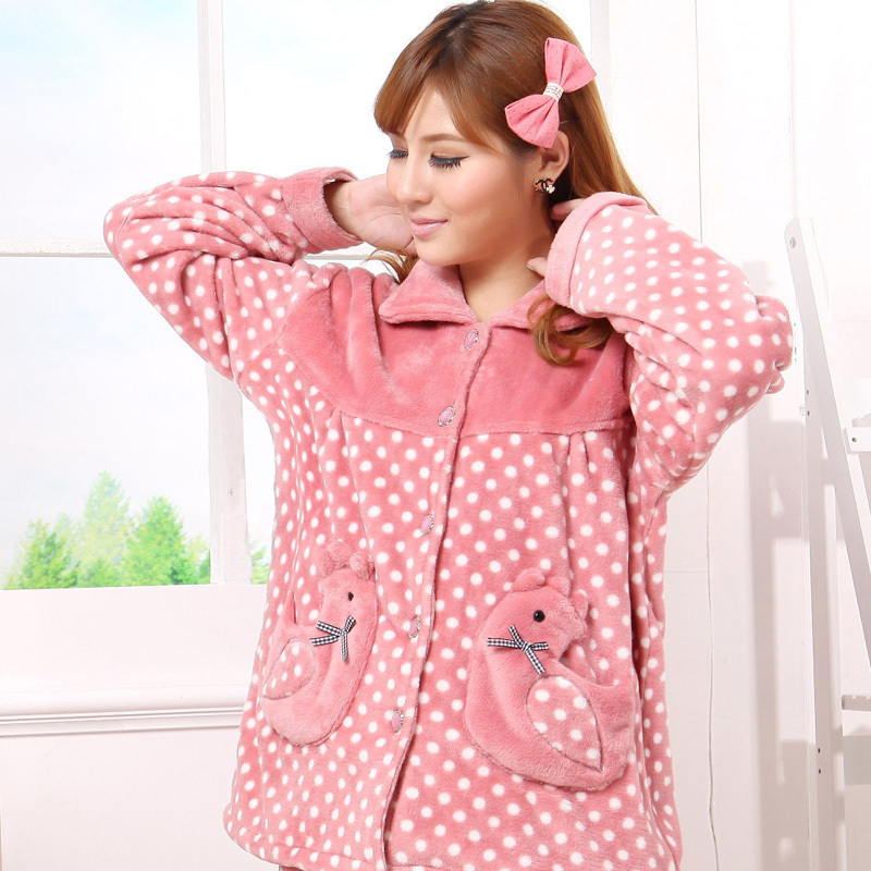 Autumn and winter women's sleepwear thickening sweet coral fleece thermal derlook set