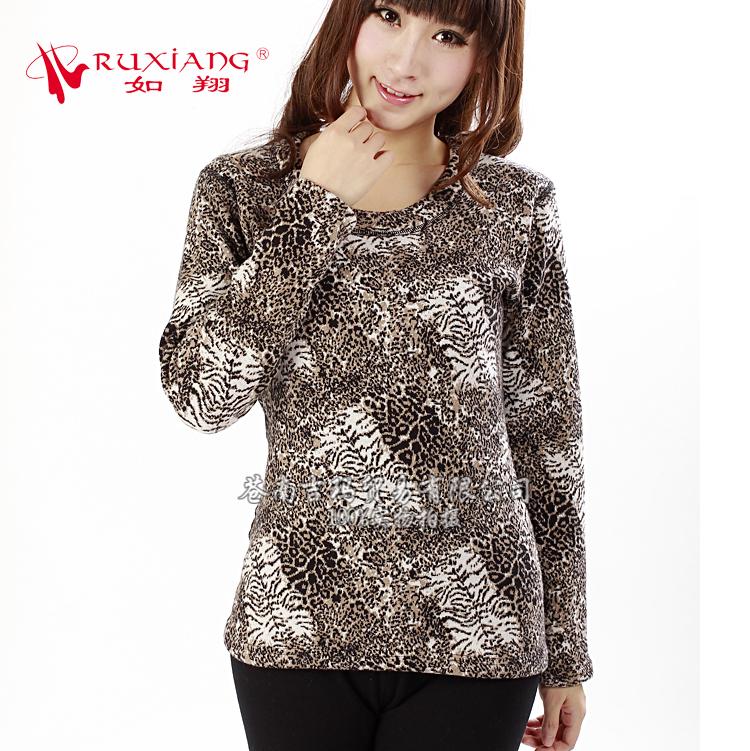 Autumn and winter women's thermal underwear plus velvet thickening thermal basic shirt leopard print color set