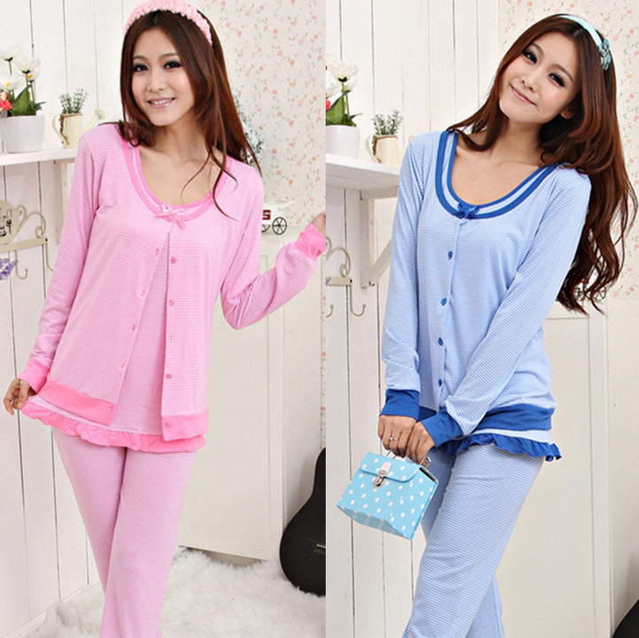 Autumn and winter women's three piece set sleepwear horizontal stripe lounge set long-sleeve 100% cotton sleepwear home