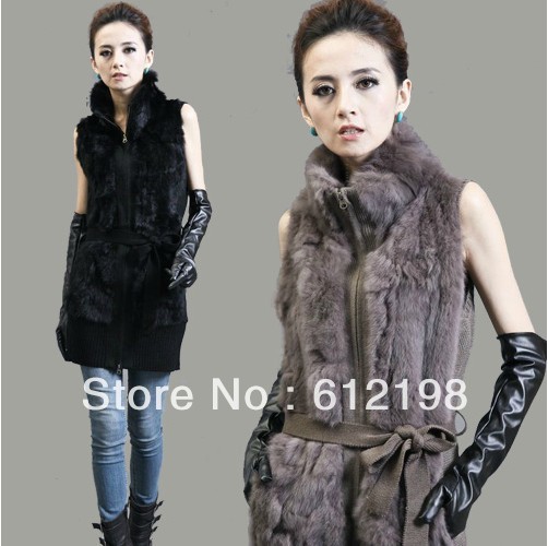 Autumn and winter women's vest genuine rabbit fur vest medium-long XXL PC-023