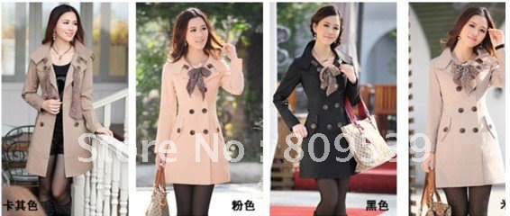 autumn and winter women slim double breasted long-sleeve trench outerwear silk scarf