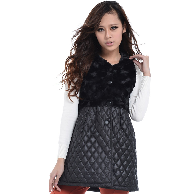 Autumn and winter women trophonema fur hooded vest medium-long black cotton vest