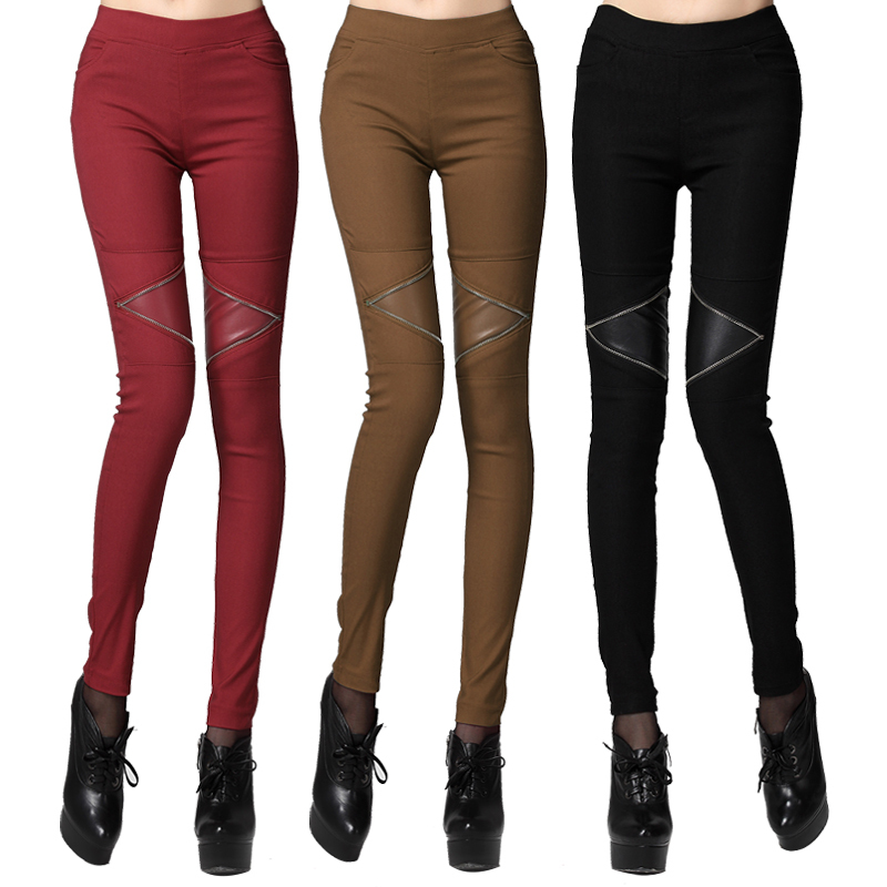 Autumn and winter women ultra elastic pencil pants patchwork leather slim boot cut jeans skinny pants legging all-match long