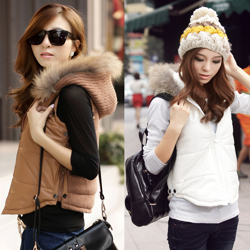 Autumn and winter women vest wool collar with a hood PU knitted mosaic women's vest