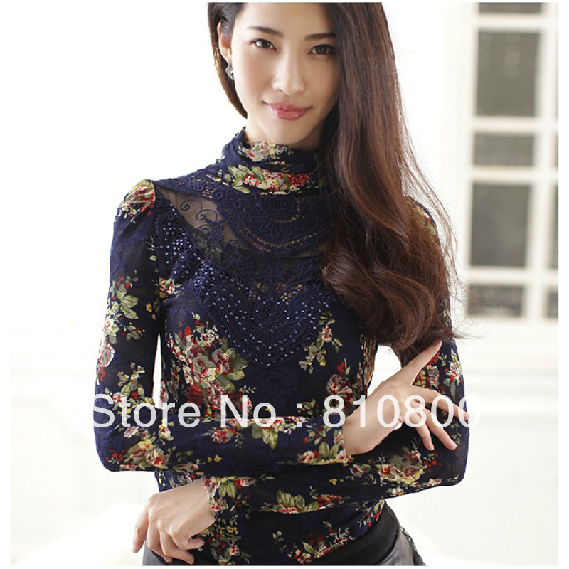 autumn and winter women women's lace turtleneck slim long-sleeve basic shirt