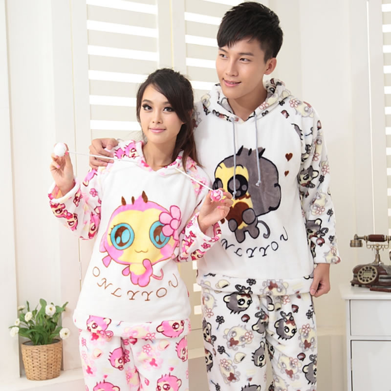 Autumn and winter you laugh monkey cartoon coral fleece lovers sleep set with a hood long-sleeve lounge 2822 Free Shipping