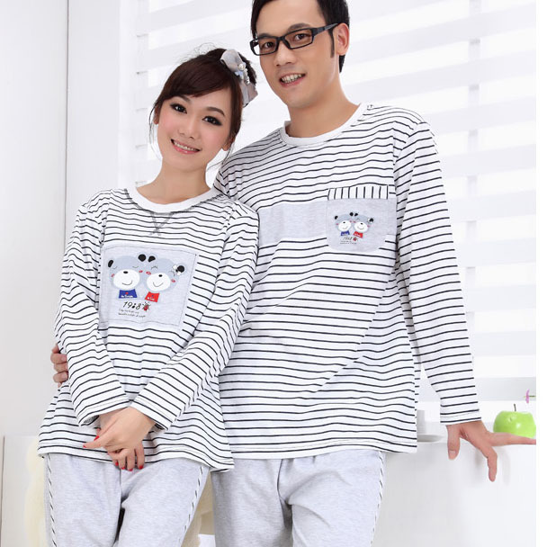 Autumn autumn classic stripe knitted male women's long-sleeve sleepwear 100% cotton sleepwear lovers sleep set lounge