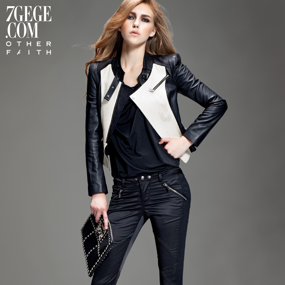 Autumn black-and-white patchwork genuine slim leather clothing women's outerwear 12fg013059f