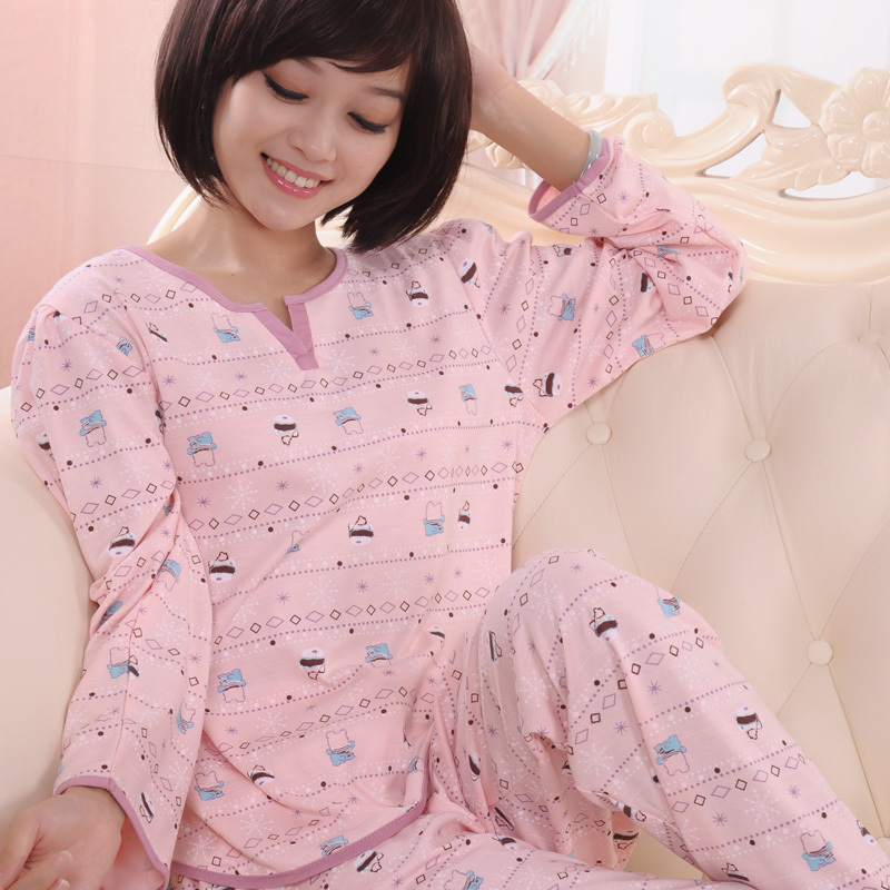 Autumn cartoon casual lounge knitted cotton long-sleeve women's sleep set