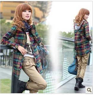 Autumn casual long-sleeve with a hood medium-long plus cotton plaid shirt loose preppy style wadded jacket female