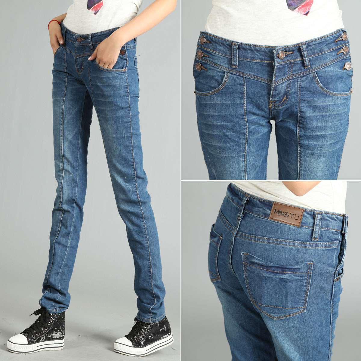 Autumn elastic pencil pants jeans female buttons