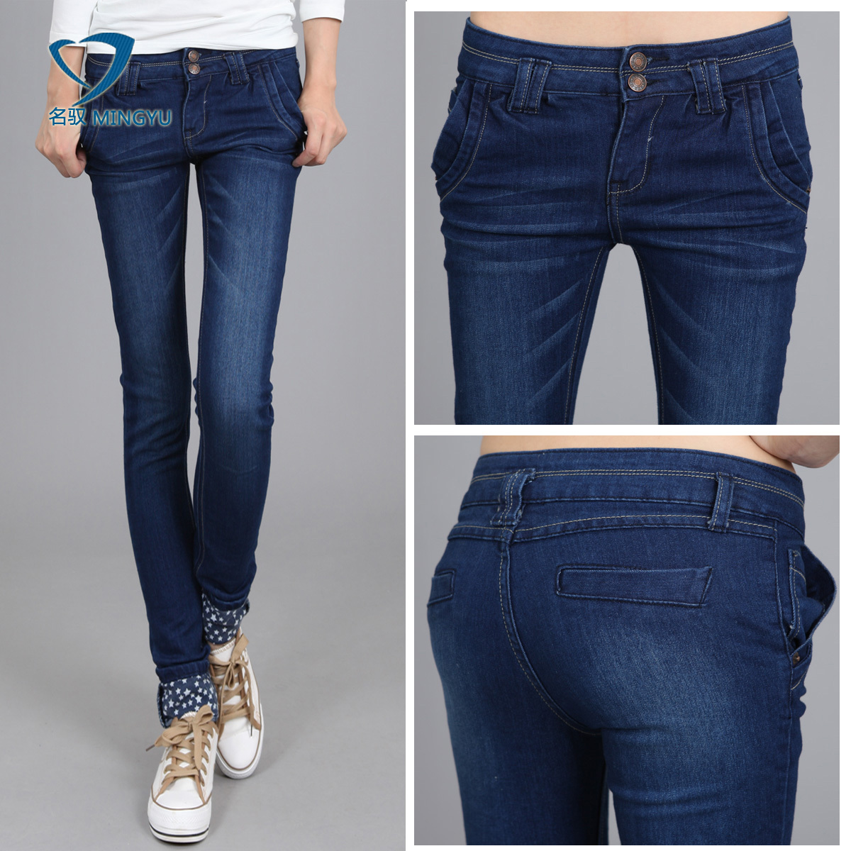 Autumn elastic slim jeans female laciness roll up hem pencil pants