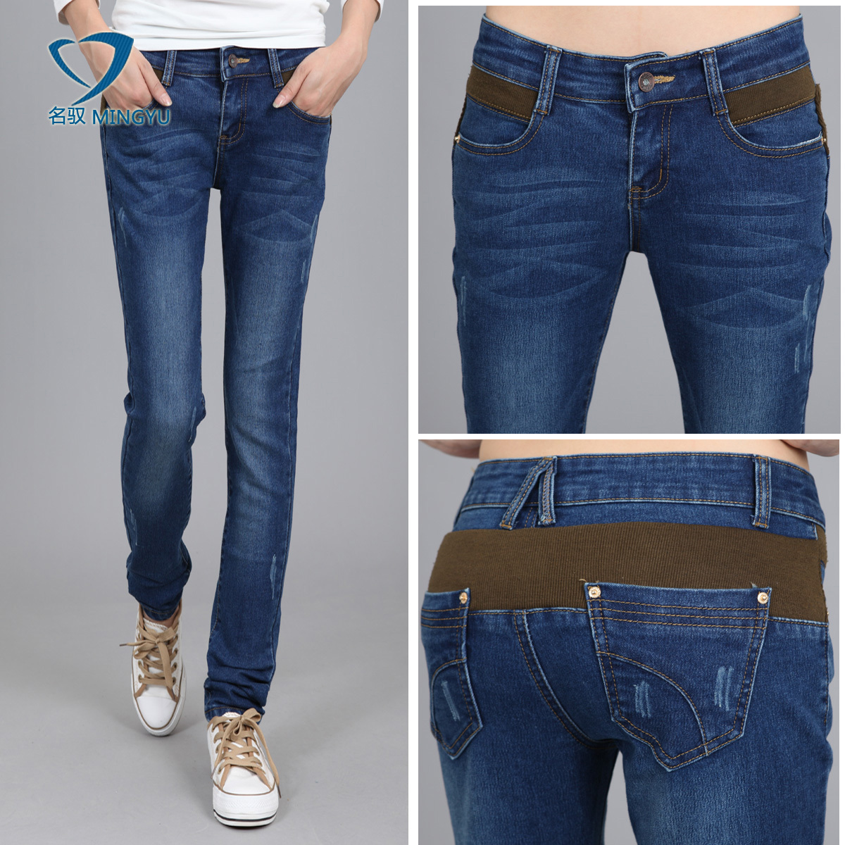 Autumn elastic slim pencil pants vintage applique jeans female trousers