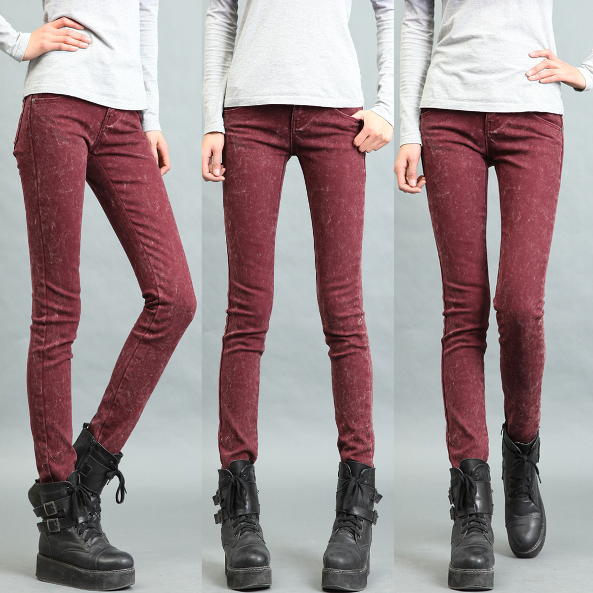 Autumn elastic Wine red pencil pants jeans female trousers free shipping