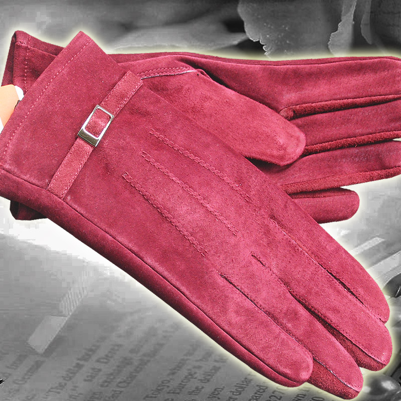 Autumn fashion charm solid color pig suede leather genuine leather gloves female gloves thick - 10